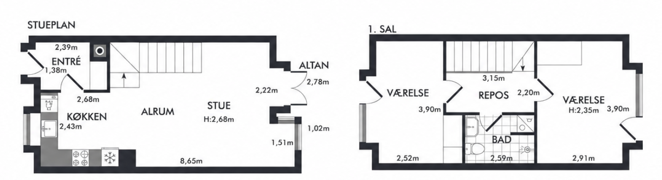 Plantegning type B: stueplan med entré, køkken, alrum og stue samt altan, og 1. sal med to værelser, repos og bad