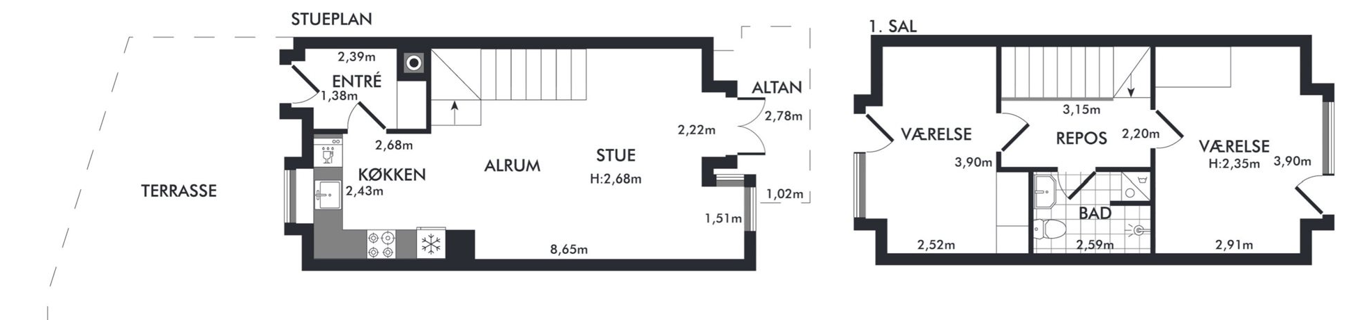 Plantegning type A: stueplan med entré, køkken, alrum og stue samt altan, og 1. sal med to værelser og bad